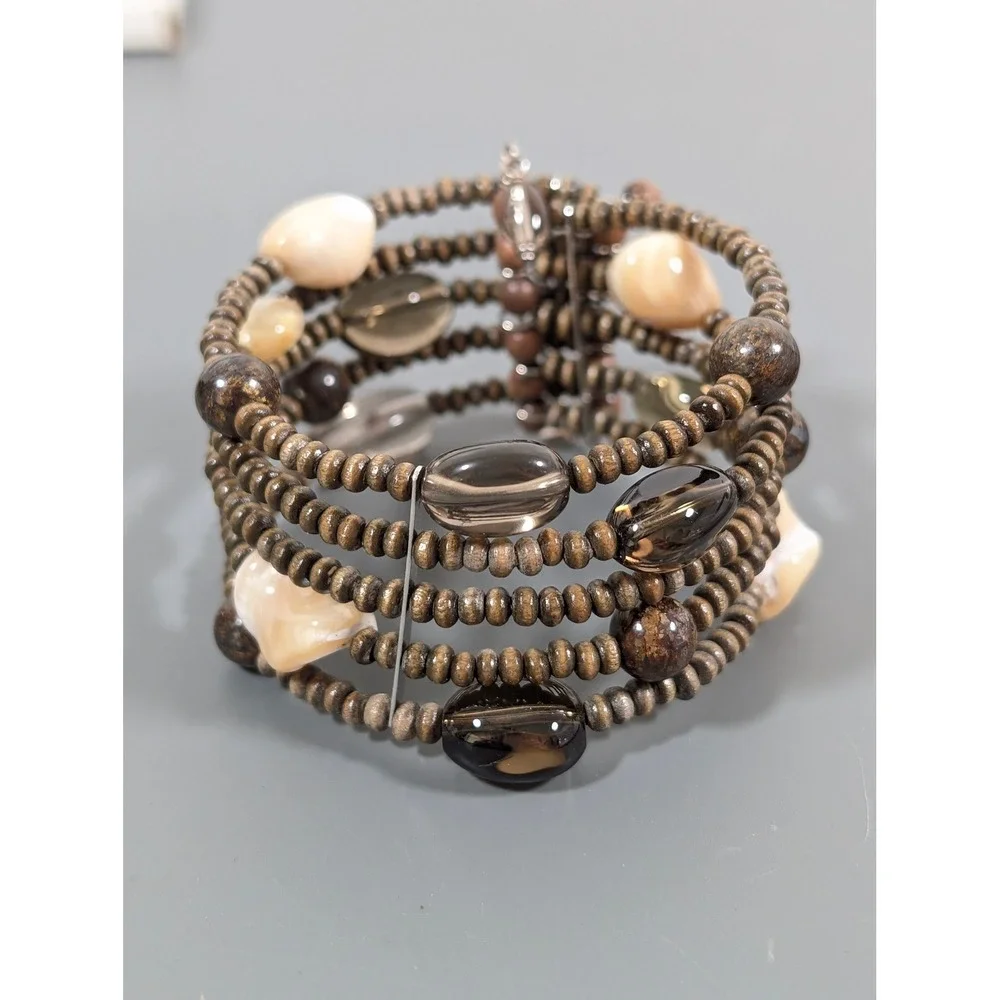 Wide Brown Beaded Cuff Bracelet Wood Shell‎ Glass Flexible Boho
